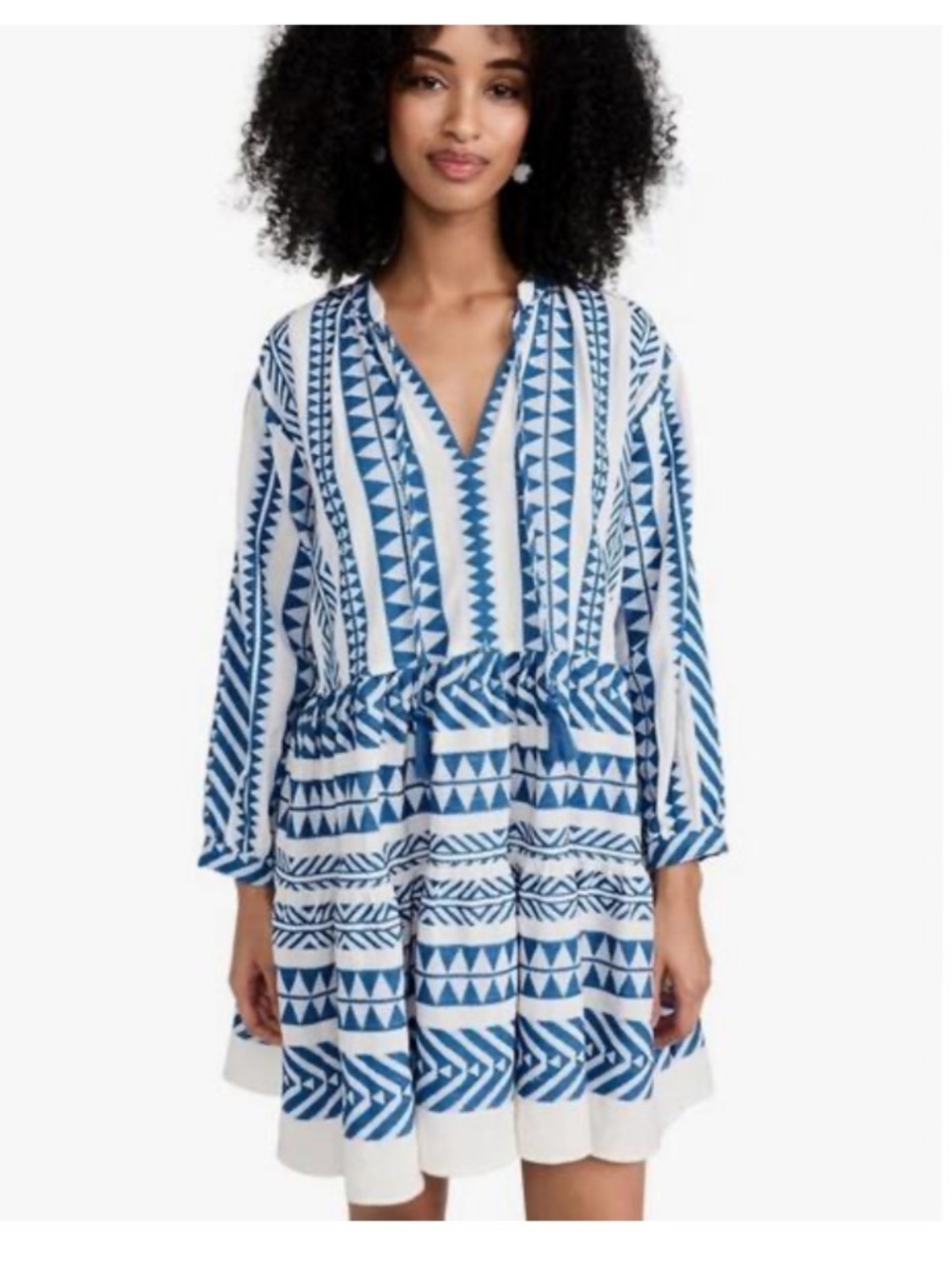 marea Blue White Mykonos Long Sleeve Tie Dress Size Medium